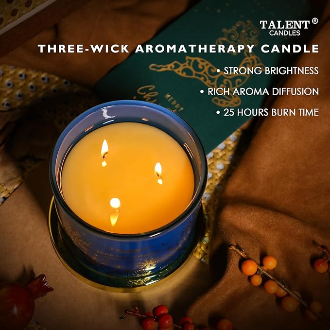 Fall Scented Candles for Home, 10.9oz 3 Wicks Aromatherapy Candle,25hrs burn time, Autumn Scented Candle Gift for Men and Women, Teak Mahogany, TCGG8100A-C