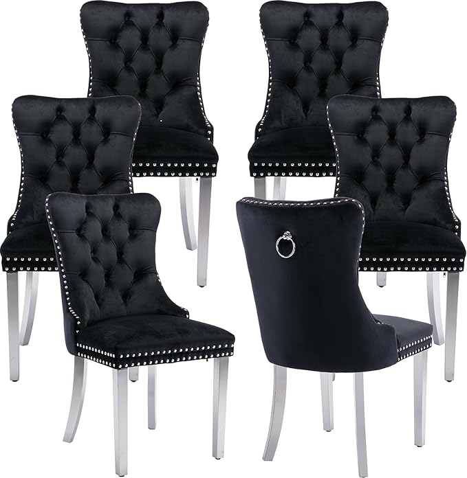 Luxury Upholstered Dining Chairs Set of 6, Black Kitchen Chair with Silver Metal Legs, Velvet Tufted Back Dining Chair, Sillas de Comedor, Modern Kitchen & Dining Room Chairs (Black, 6 Pcs)