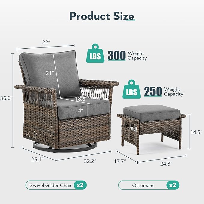 Outdoor Swivel Glider Chairs - 4 Pieces Hollow Widen Armrests Wicker Patio Furniture Set with Ottomans, High Back Outside Swivel Rocker for Balcony Porch Deck and Yard - Brown/Gray
