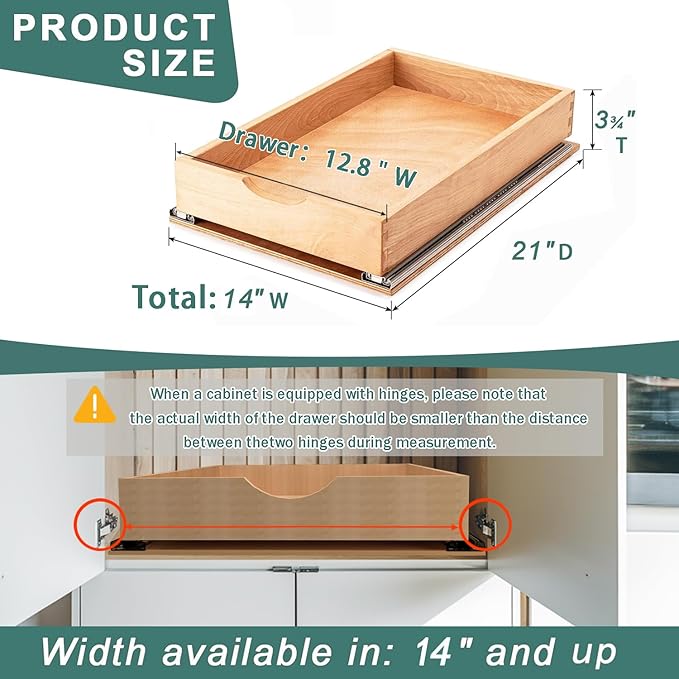 Pull Out Drawers for Kitchen Cabinets, Pull Out Cabinet Organizer, Fully Assembled Wood Cabinet Pull Out Drawer, Fast and Easy DIY Installation, 14”W x 21”D