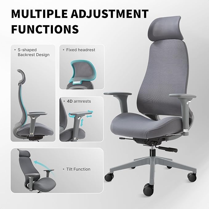 Ergonomic Mesh Office Chair with S-Shaped Backrest, 4D Adjustable Armrests, Sliding Seat Depth, Fixed Headrest, Dual-Layer Mesh, 130° Recline, SGS Class 3 Gas Lift, 300 lbs Capacity