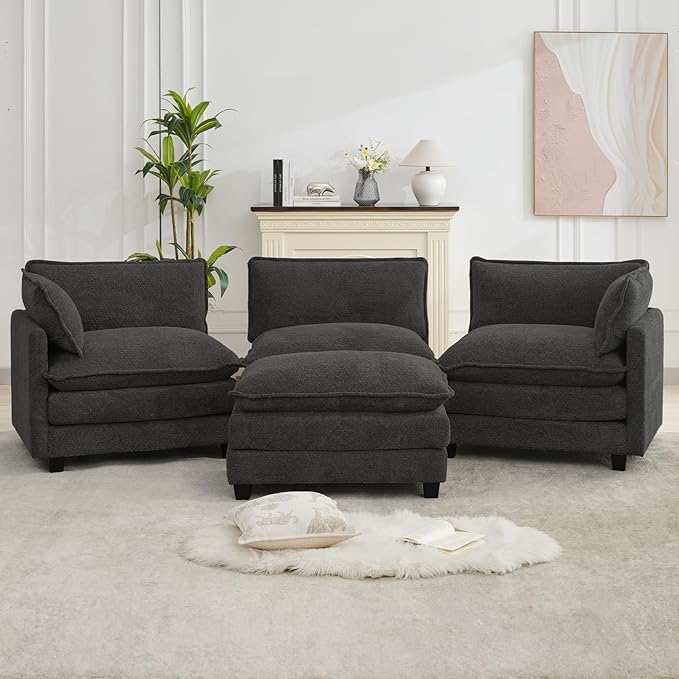 ROWHY Oversized Modular Sectional Couch with Movable Ottoman, 112" Modern Convertible L Shaped Sofa Set, 4 Seat Comfy Cloud Couch with 2 Throw Pillows, for Living Room, Chenille, Charcoal Grey