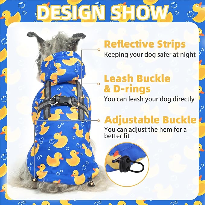 PUPTECK Dog Raincoat with Hood & Harness Built-in, Waterproof Dog Rain Jacket Slicker Poncho Reflective Vest Clothes for Rainy Snowy Winter Cold Days, Blue Duck L