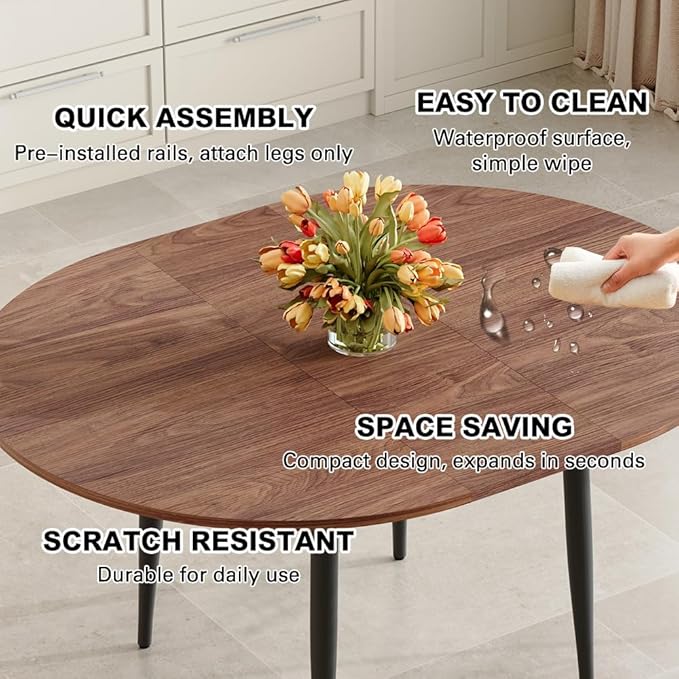 42" Round Dining Table for 4, 54" Oval Dining Table for 6, Extendable Kitchen & Dining Room Table with Metal Legs, Modern Rustic Space-Saving Adjustable Shape Dinner Table, Easy Assembly,Walnut