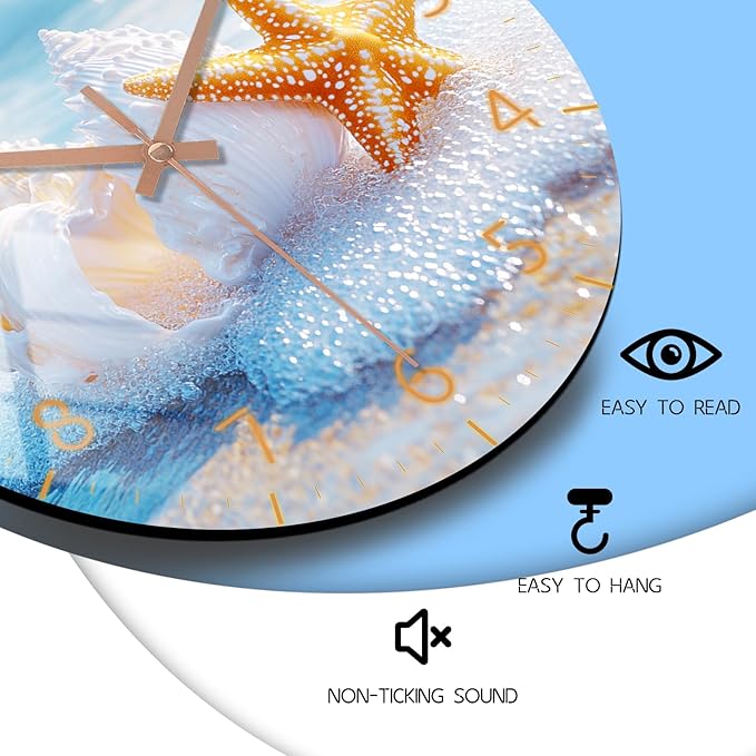 Coast Round Wall Clock 14 inch Wooden Beach Wall-Clock with Tempered Film Silent Analog Clock for Bedroom, Office, Living Room Decor