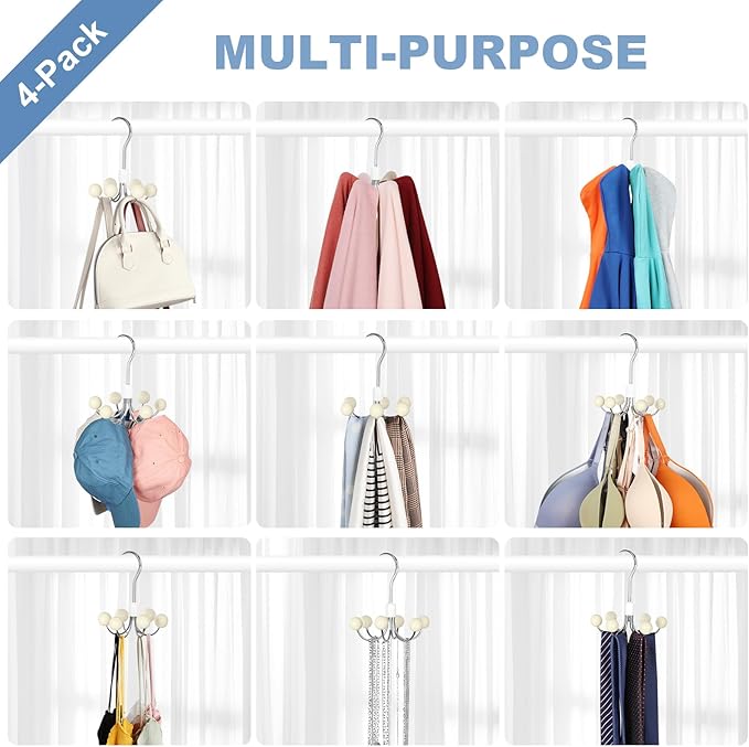 TOPIA HANGER Hoodie Hangers 4-Pack with 6 Wood Balls, 360°Swivel Purse Hanger, Scarf Hanger, Closet Hooks, Handbag Organizer, Bra Hanger, Accessory Organizers for Scarf, Tanktop, Hat, Hoodie CT57W