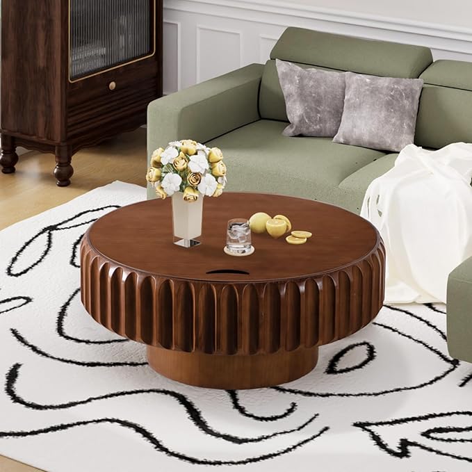 Round Coffee Table with Hidden Storage, Modern Circle Coffee Tables Handcraft Fluted Drum Coffee Table with Solid Wood Relief, Mid Century Center Table for Living Room Apartment (Walnut 31.5 Inch)