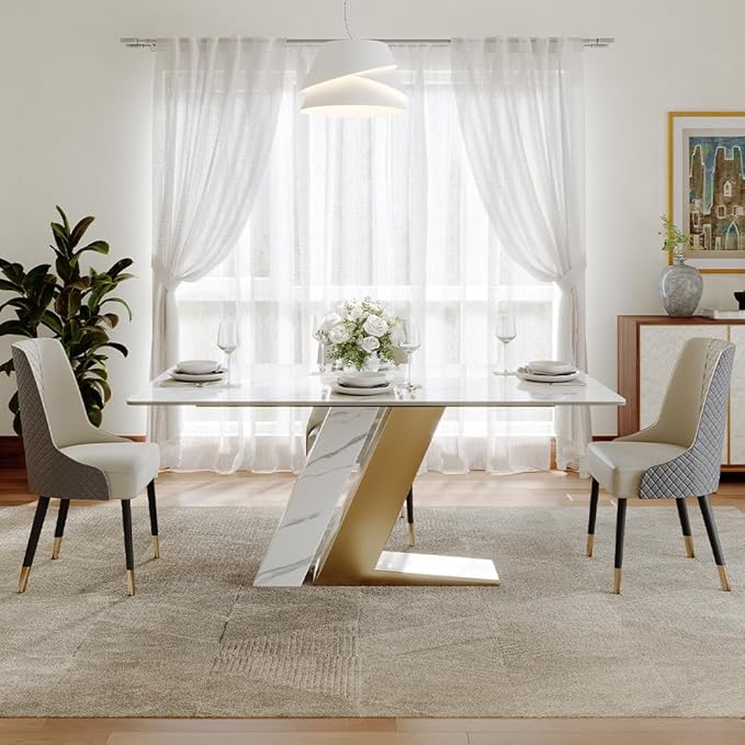 POVISON 63" Modern Dining Table for 4, Gold Dining Table Sintered Stone Dining Tabletop with Z-Shaped Stainless Steel Pedestal, Rectangle Dining Room Table (Table Only)