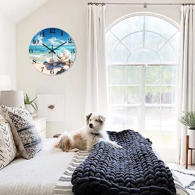 XNM Blue Round Office Wall Clock Large 16 Inch Beach Glass Clocks Battery Operated Silent Wall Clock Non Ticking