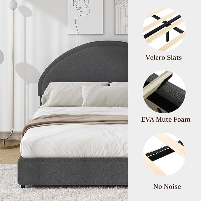 Full Size Bed Fram, Upholstered Platform Bed with Headboard, Boucle Bed Frame with Round Conne, No Box Spring Required, Easy Assembly, Dark Grey