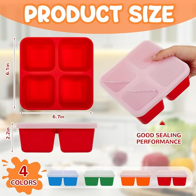Roshtia 4 Pack Silicone Food Containers with Lids, Reusable Packs Bento Lunch Box for Meal Prep Food Storage, Microwave Dishwasher Safe(4 Compartment,Bright)