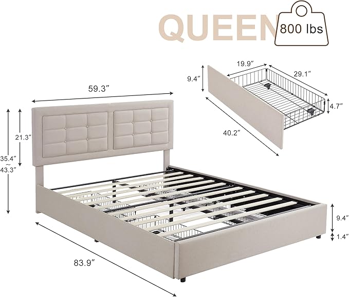 VECELO Queen Size Bed Frame with 4 Drawers, Adjustable Tufted Button Headboard, Upholstered Platform with Wood Slats Support, Built-in USB and Type C Ports, Beige