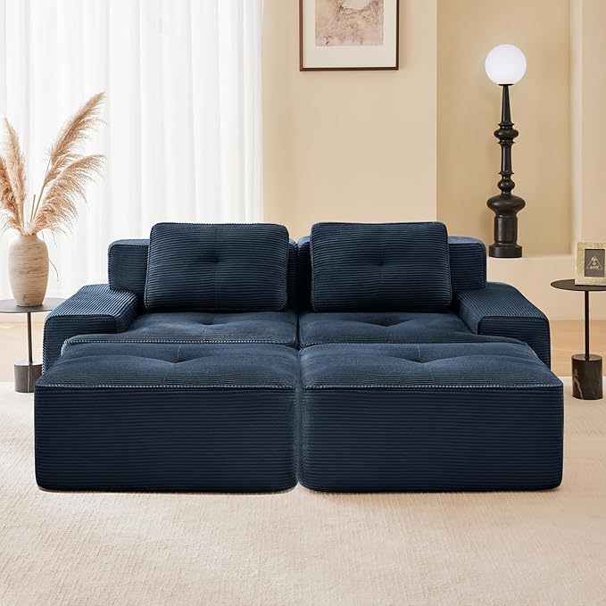 80" Modern Corduroy Boneless Love Seat Couches with 2 Ottomans, 2 Seater Large Sectional Couches for Living Room, Blue Cloud Modular Sectional Sofa, Memory Foam, Extra Deep Loveseat, No Assembly
