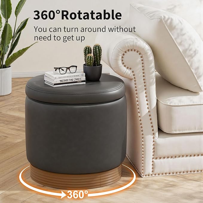 Round Ottoman with Storage,Swivel Vanity Stool-Leather Foot Rest,Upholstered Footstool Pouf with Sturdy Wooden Frame(500 Lb),Small Coffee Table & Hidden Storage Ottoman for Living Room