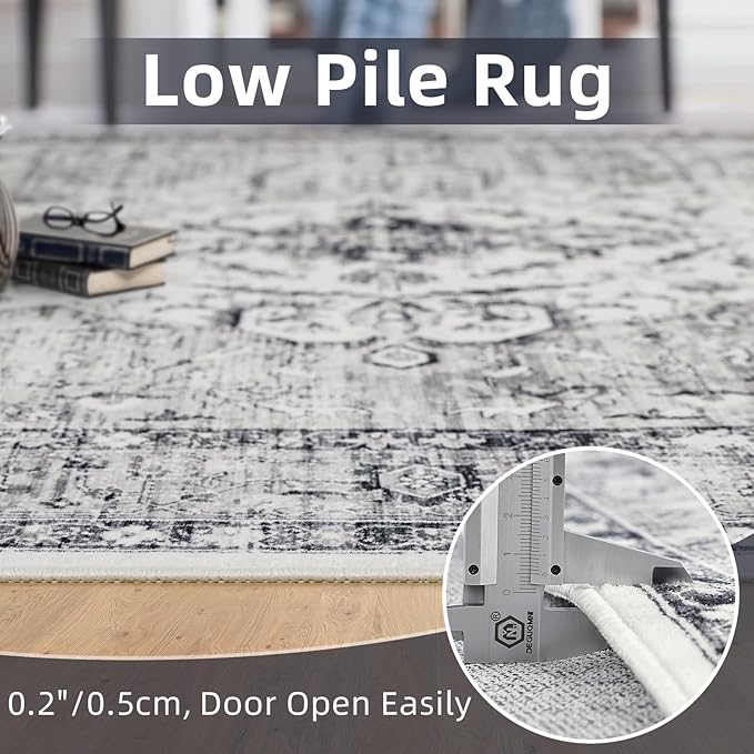 Deerly 5x8 Rugs for Bedroom Living Room - Machine Washable Rugs Large Non-Slip Family & Pet Friendly Area Rugs Carpet Oriental Neutral Print Floor Rug Border Grey/Navy