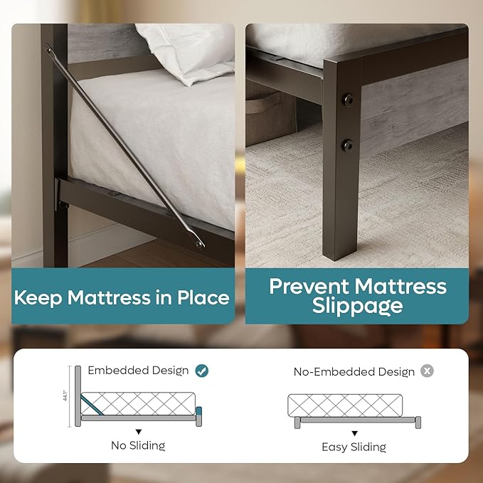 Bestier Twin Bed Frame with Storage Headboard and Charging Station, Grey Platform Bed Frame with LED Light, Non-Slip Metal Bed Frame, Noise-Free, Easy Assembly