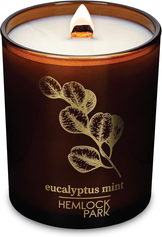 Hemlock Park Amber & Gold Wood Wick Candle Handcrafted with Natural Coconut Wax (Standard 7.2 oz, Eucalyptus Mint)