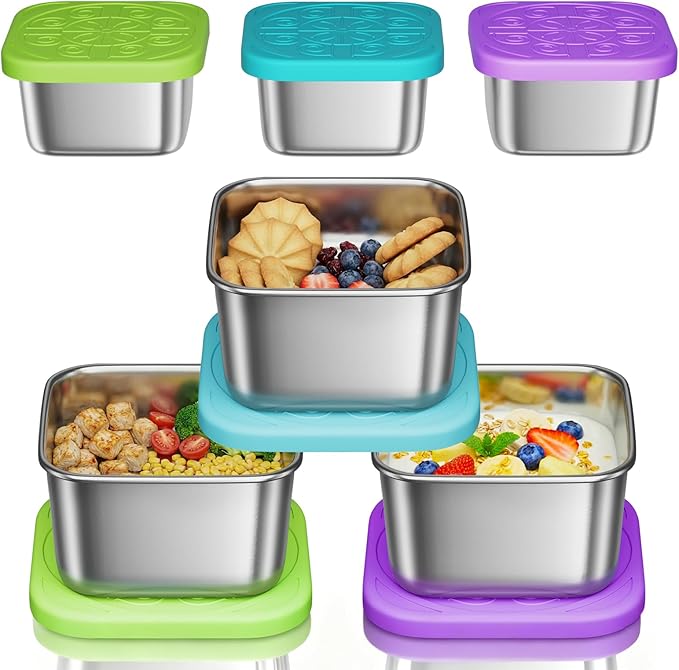 6 Pack 6oz Stainless Steel Snack Containers and 2oz Salad Dressing To Go Containers with Silicone Lids, Reusable Square Meal Prep Condiment Sauce Containers Lunch Box Accessories