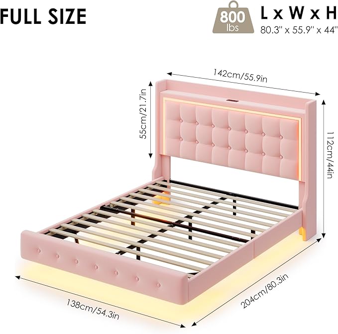 Keyluv Upholstered Full Floating Bed Frame with RGB LED Lights and Charging Station, Velvet Platform Bed with Button Tufted Storage Headboard, Type-C & USB Charging Ports, No Box Spring Needed, Pink
