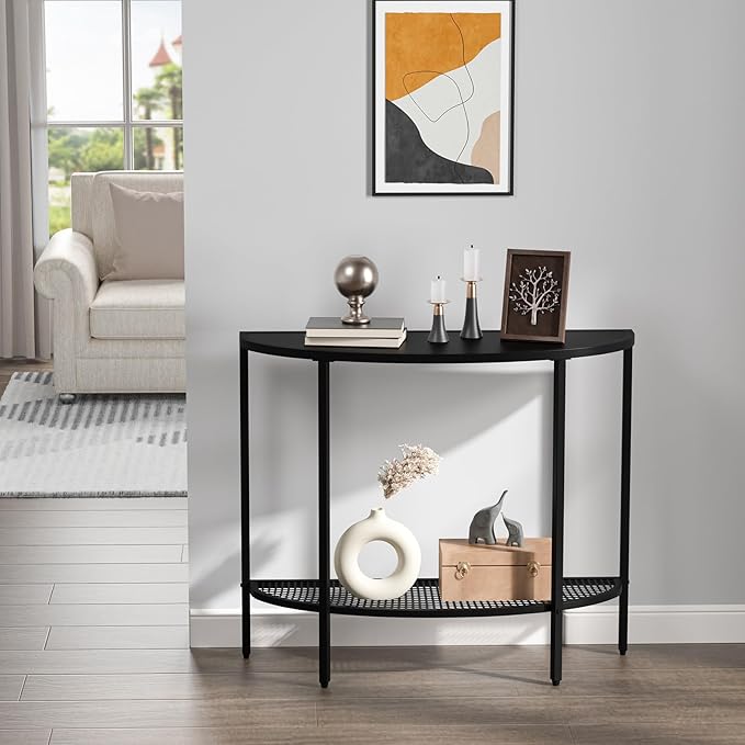 SAYGOER Black Half Moon Console Table 2 Tier Narrow Entryway Table with Storage Modern Couch Table Small Entry Way Tables, Easy Assembly, All Black