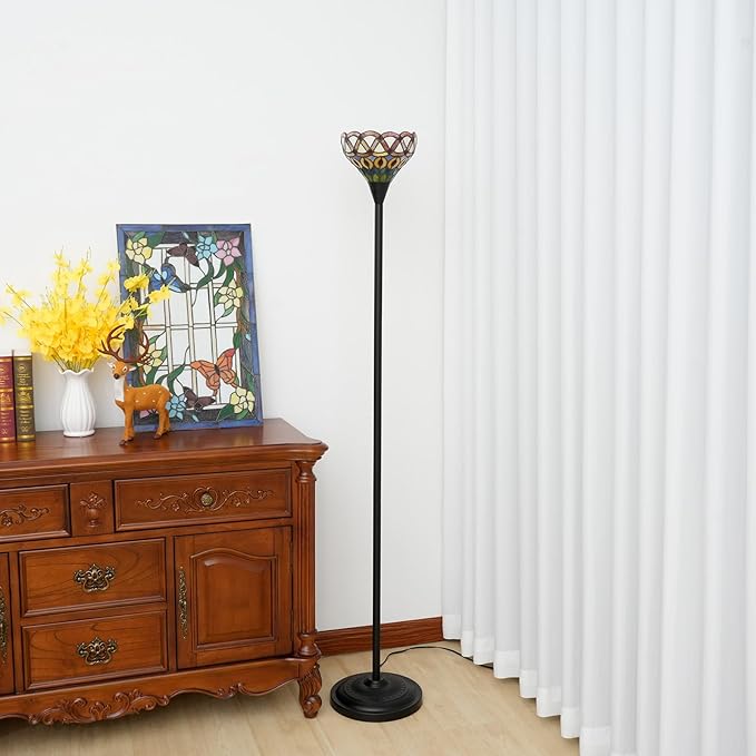 Tiffany Floor Lamp Torchiere Antique Stained Glass Lamp Yellow Peacock Tail Style Standing Light Tall Uplight Lamp for Home Decorating Reading Working