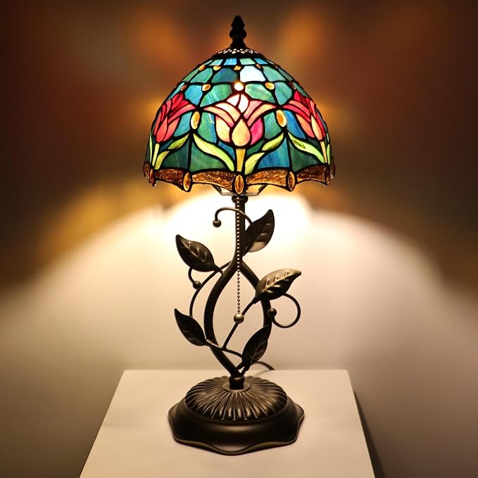 Small Tiffany Lamp Red Blue Tulips Style Stained Glass Table Lamps Desk Bedside Reading Light 8X8X18 Inches with Bronze Metal Leaf Resin Base