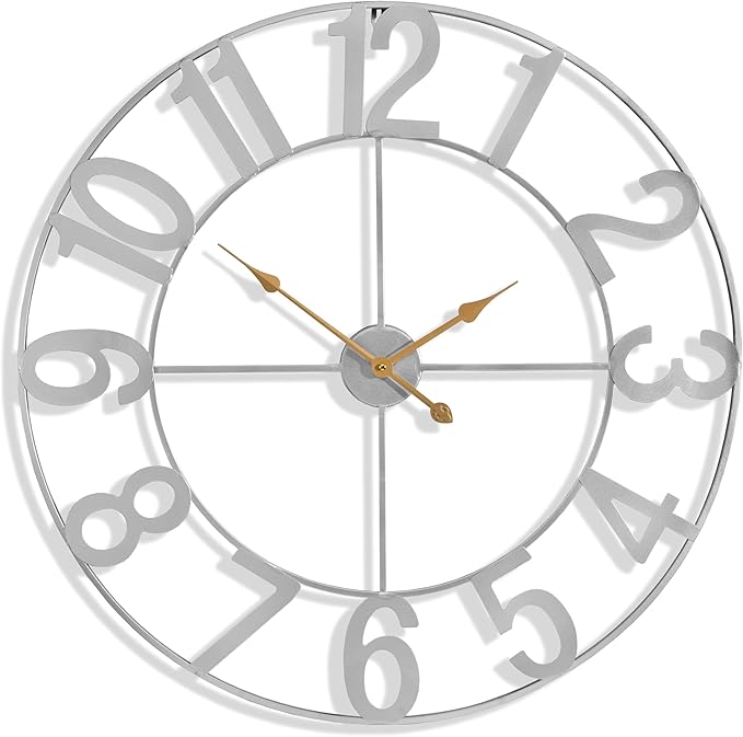 Sorbus 32-Inch Large Wall Clock – Decorative Silver Metal Clock with Gold Hands – Silent, Battery Operated, Modern Wall Decor for Living Room, Kitchen, or Office, Great Gift for Housewarming or Office