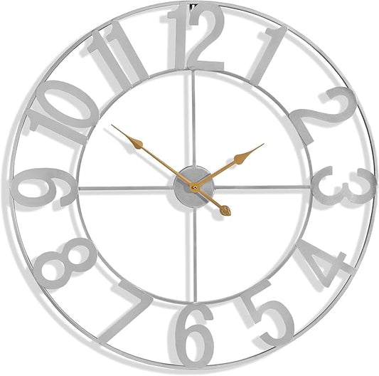 Sorbus 32-Inch Large Wall Clock – Decorative Silver Metal Clock with Gold Hands – Silent, Battery Operated, Modern Wall Decor for Living Room, Kitchen, or Office, Great Gift for Housewarming or Office