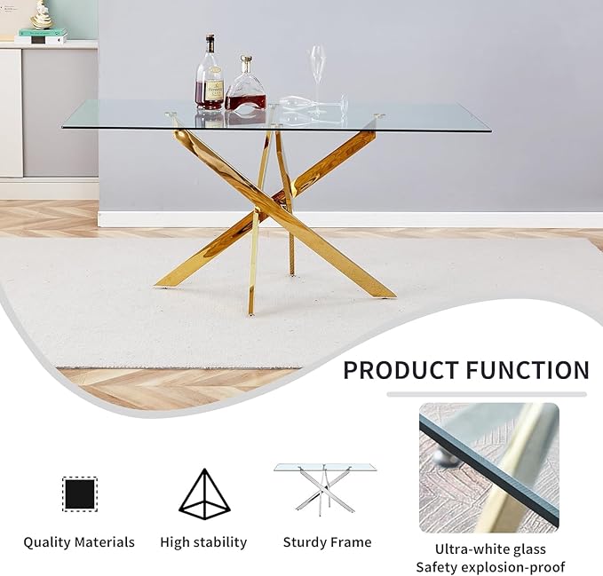 Goujxcy 51" Glass Dining Table Set for 6, Modern Kitchen Table and Chairs Set w/Steel Legs, 7-Piece Dining Table Set w/Glass Gold Dining Table and 6 Green Velvet Chairs for Kitchen Dining Room