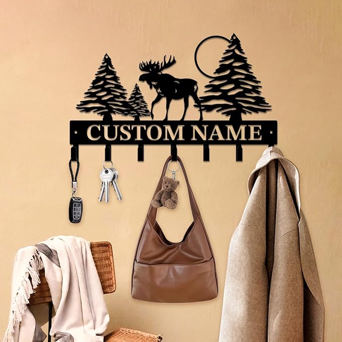 Personalized Custom Name Forest Deer Wall Keys Hooks,Metal Forest Deer Art Clothes Hooks,Metal Forest Deer Wall Home Storage Decorative,For Front Door, Hallway, Kitchen, Bedroom,Keys,Hats (Style C)