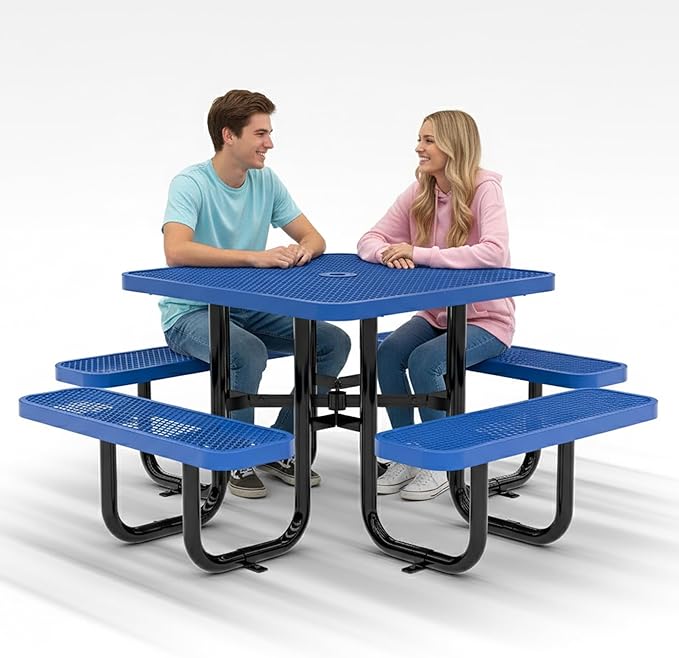 Metal Picnic Tables for Outdoors with Umbrella Hole - Coated Steel Heavy Duty Commercial Grade Furniture with Adjustable Seats (Blue, 38 in, Square)