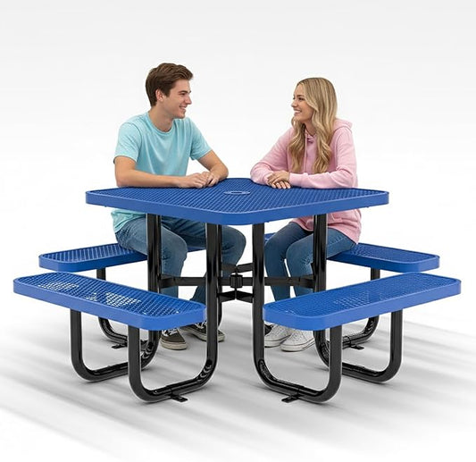Metal Picnic Tables for Outdoors with Umbrella Hole - Coated Steel Heavy Duty Commercial Grade Furniture with Adjustable Seats (Blue, 38 in, Square)