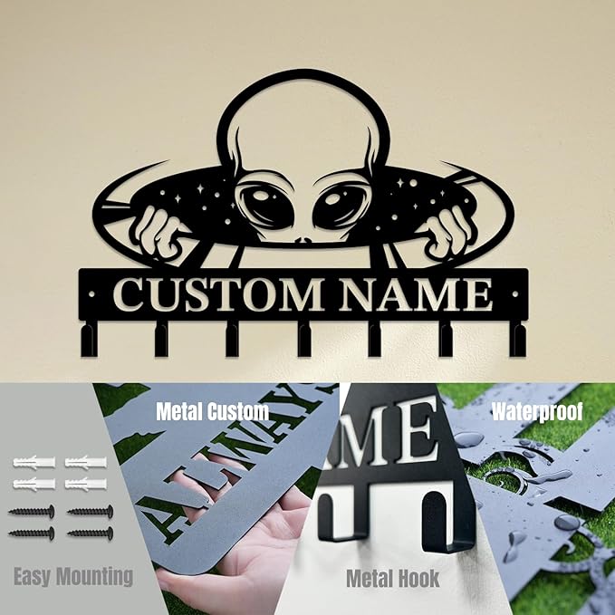 Personalized Custom Alien ET Metal Wall Keys Hooks,Clothes Hooks Alien ET Art Coat Racks,Door Holder,Black Alien ET Decorations for Home,Entrance Doors,Hallway, Bedroom,Keys,Hats (Style A)