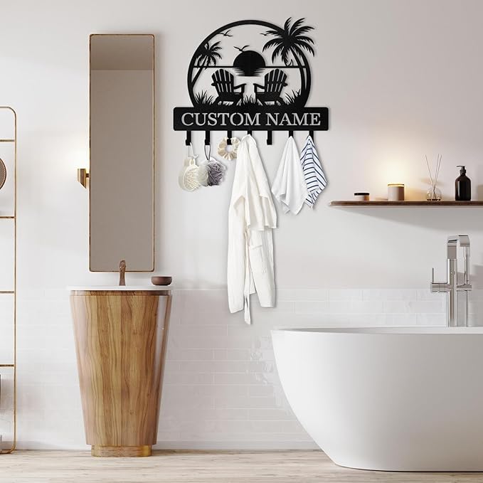 Personalized Key Holder for Wall, Beach Theme Key Holder Wall Mount with Hooks, Coconut Trees Key Hanger Wall Decor for Pool Bathroom Hallway Entryway Office, Customized Home Decor Gifts Color06