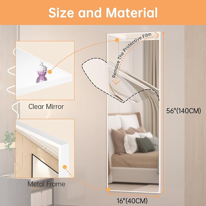 Hasipu Door Mirror Full Length, 56 x 16 Inch Full Body Wall Mirror Over The Door Hanging Mirror for Bedroom, Living Room, Cloakroom