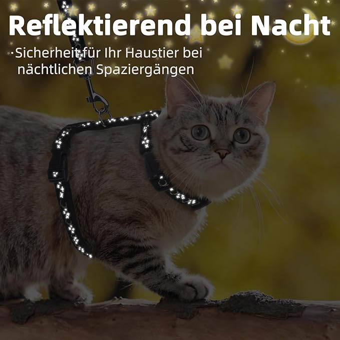 PUPTECK Adjustable Cat Harness and Leash Set Escape Proof Kitten Strap Collar for Walking Travel, Moon&Star
