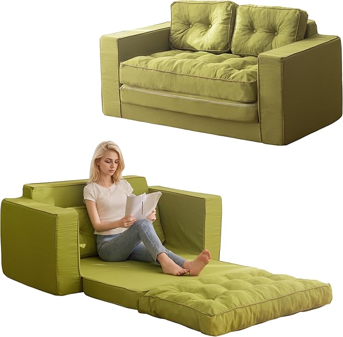 YOSHOOT Loveseat Sleeper Sofa,55" Convertible Sofa Bed Couch Futon Couches for Living Room,3-in-1 Pull Out Floor Couch with Backrest and Pillows, Green