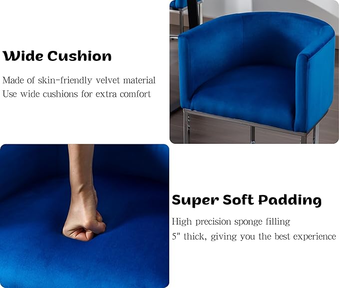 Velvet Dining Chairs Set of 4 Modern Barrel Arm Chairs with Chrome Metal Frame, Upholstered Kitchen Chairs 18.5" Wide Accent Chairs for Living Room Dining Room Restaurant, Blue
