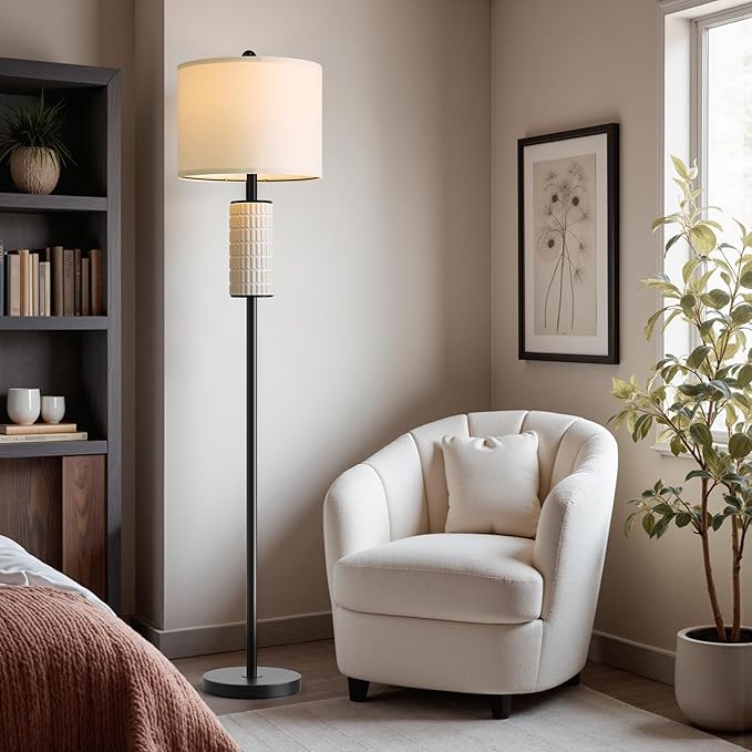 PoKat Ceramic Floor Lamp with Remote, 64" Modern Floor Lamps for Living Room with Stepless Dimmable Colors Temperature, Tall Standing Lamp for Living Room Bedroom Office, 9W Bulb Included, Black