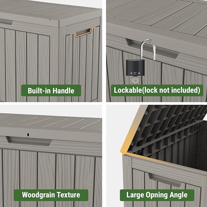 45 Gallon Outdoor Storage Box, Waterproof Deck Box with Build-in Handles and Lockable Lid, Outside Storage Box for Backyard Garden Tools, Patio Cushions, Package Delivery Box, Grey