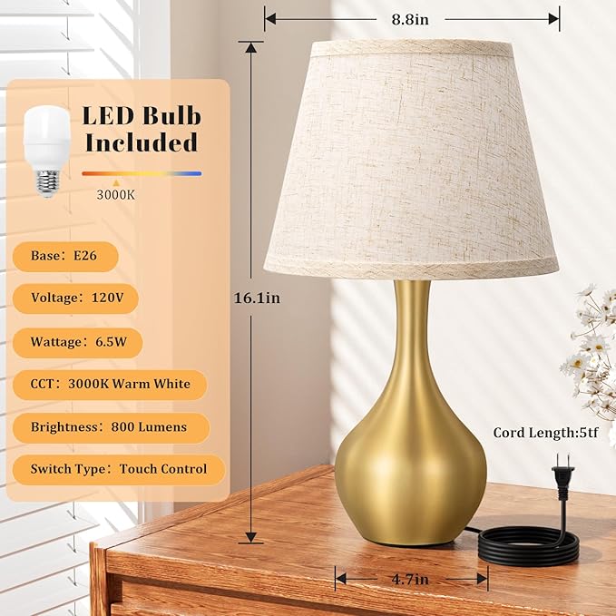 Seealle Touch Table Lamps for Nightstand, 3-Way Dimmable Small Bedroom Lamps for Night Stands, Gold Bedside Lamps for Living Room, Kids Room, End Table(LED Bulb Included)