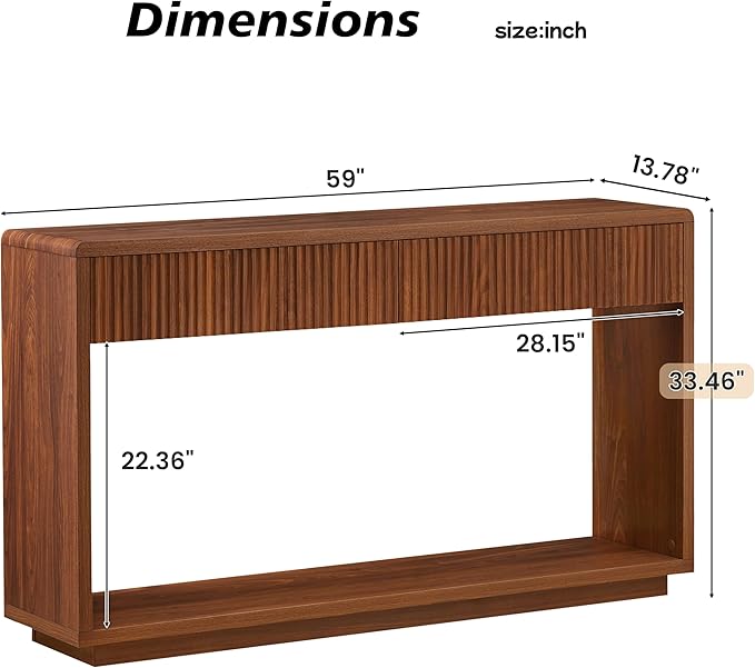 59" Rustic Flute Console Table with 2 Drawers, Modern Farmhouse Entrance Table, Sofa Table for Behind Sofa, Hallway Table with Storage Compartment, Suitable for Hallway and Living Room,Walnut