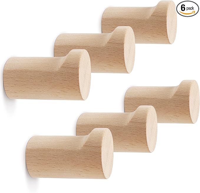 Wood Wall Hooks 6 Pack, Natural Wooden Coat Hooks Wall Mounted, Handmade Rustic Hat Hooks Heavy Duty Entryway Wall Hangers for Hanging Towels, Clothes, Bags (Beech Wood)
