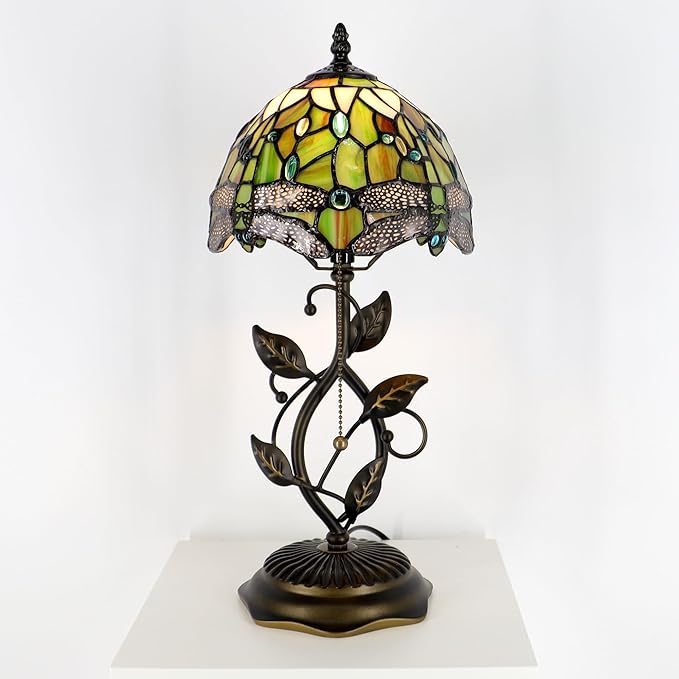 Small Tiffany Lamp Yellow White Dragonfly Style Stained Glass Table Lamps Desk Bedside Reading Light 8X8X18 Inches with Bronze Metal Leaf Resin Base