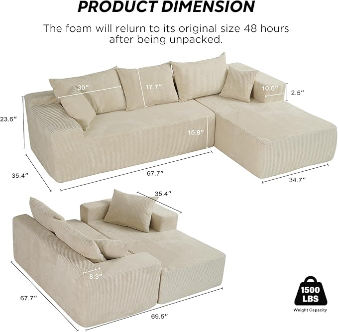 Cloud Sectional Couch with L-Shape Chaise,Modern Modular Sofa with Deep Seat, Upholstered Couches for Living Room Bedroom,No Assembly Required, Beige (Right Facing Chaise)