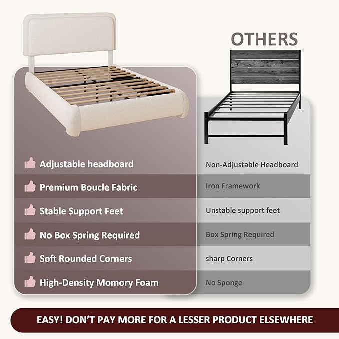 Queen Boucle Platform Bed Frame with Height Adjustable Headboard, Modern Upholstered Cloud Bed, Sleek Curved Design, No Box Spring Needed, Easy Assembly, Noise Free, White