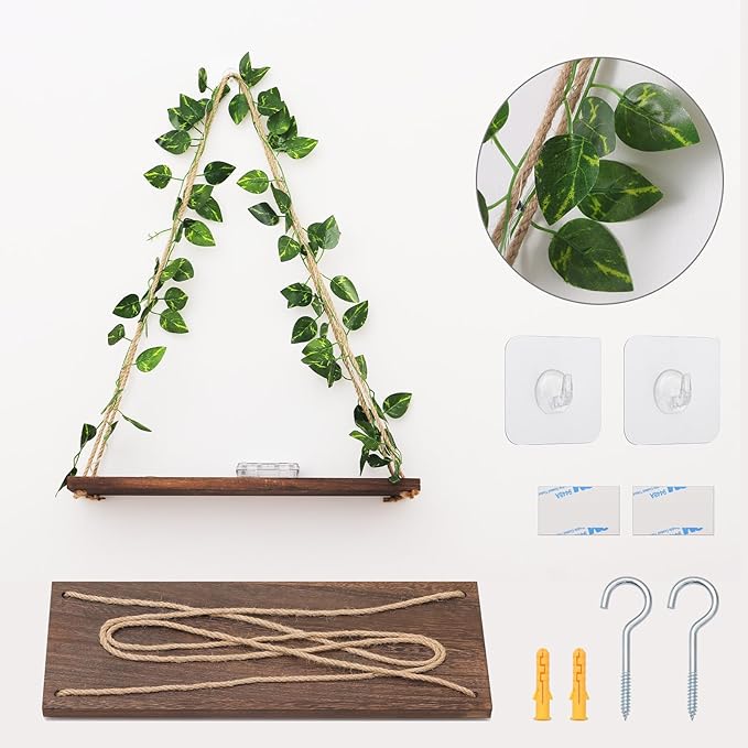 Floating Shelves for Wall, Hanging Shelves with Artificial Pothos LED String Light, No Drilling Hanging Shelf, Wood Hanging Plant Shelves for Wall Décor, Boho Decor, Art Bedroom, 2 Pack