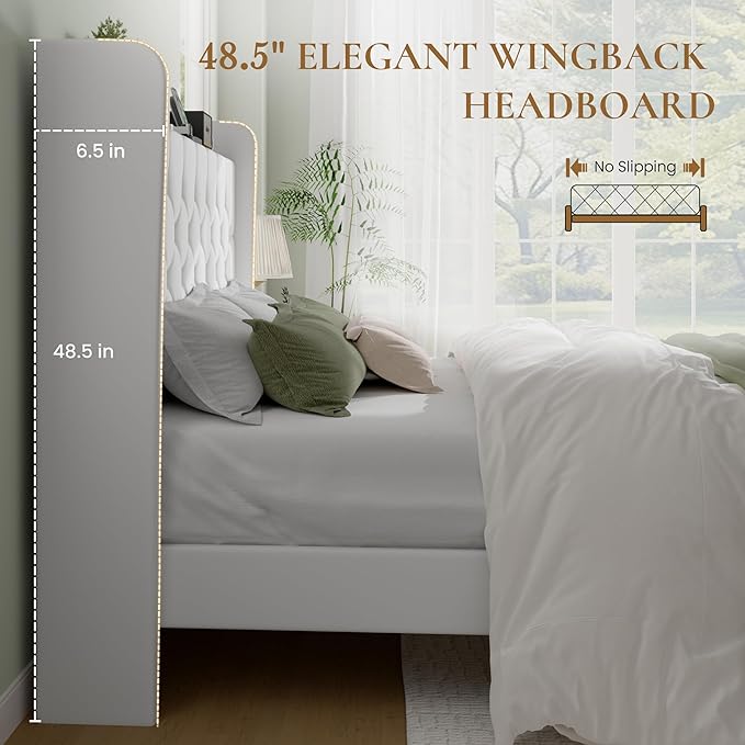 SHA CERLIN Queen Size Platform Bed Frame with Charging Station, Velvet Wingback Headboard with Storage Shelf, Wooden Slats Support, Ample Under-Bed Space, No Box Spring Needed, Easy Assembly, White