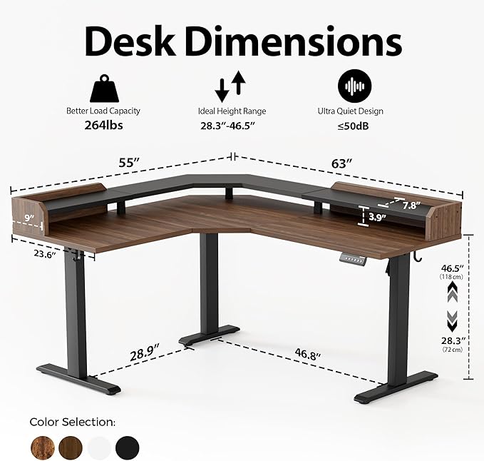 Agilestic L Shaped Standing Desk, Adjustable Height Corner Gaming Desk with Shelf, Sit Stand Up Desk, 63 x 55 Inch Home Office Computer Table, Dark Walnut