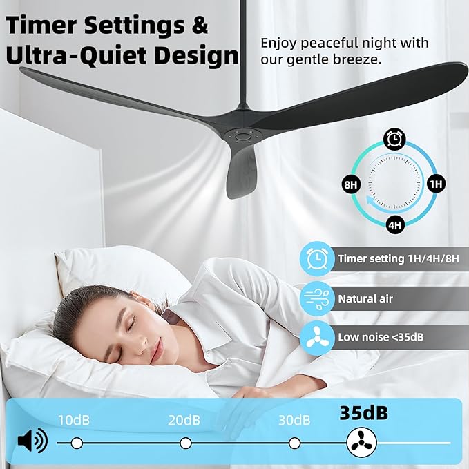 Ceiling Fan Without Light, 72 Inch Smart Wood Ceiling Fan no Lights, Compatible with Alexa/Google, 3 Natural Walnut Black Blades, Remote, Quiet Reversible DC Motor for Indoor Outdoor